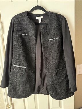 Chico's Black Tweed Open-Front Blazer with Trim
